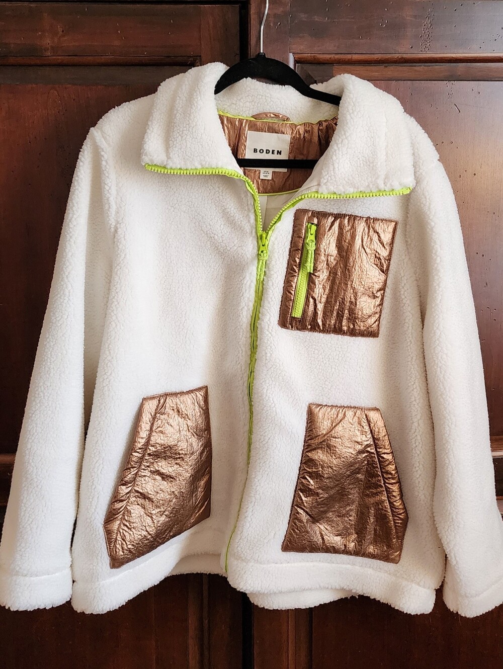 Boden Cream Sherpa Jacket with Metallic Bronze Pockets and Neon Trim